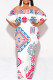 Street National Totem Print Ruffle Contrast Off Shoulder Long Dresses