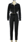 Casual Geometric Print Pocket Patchwork Zipper Zipper Collar Long Sleeve Two Pieces