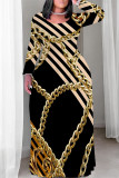 Casual Chain print Contrast O Neck Printed Plus Size Dresses