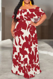 Casual Floral Print Stripe Ruffle Contrast Off Shoulder Long Dresses