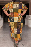 Casual Print Patchwork O Neck Long Plus Size Dresses
