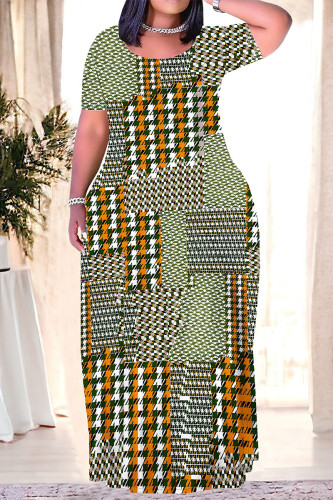 Casual Plaid Flowers Ombre Print Pocket Contrast O Neck Printed Plus Size Dresses