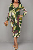 Casual Floral Print Ruched Contrast V Neck Printed Dresses