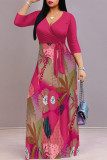 Elegant Floral Print Pocket With Belt Contrast V Neck Printed Dresses