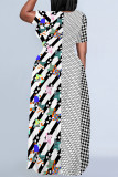Casual Plaid Flowers Ombre Print Pocket Contrast O Neck Printed Plus Size Dresses