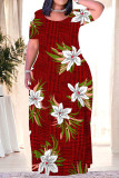 Casual Plaid Flowers Ombre Print Pocket Contrast O Neck Printed Plus Size Dresses