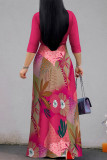 Elegant Floral Print Pocket With Belt Contrast V Neck Printed Dresses