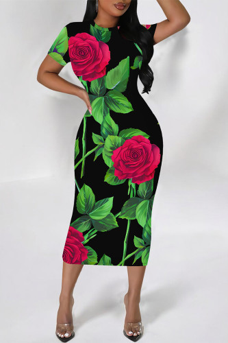 Elegant Floral Print Flowers Contrast O Neck Printed Short Sleeve Dress