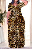 Casual Leopard Print Tiger Stripes Pocket Contrast O Neck Printed Plus Size Dresses