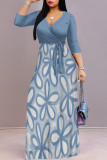 Elegant Floral Print Pocket With Belt Contrast V Neck Printed Dresses