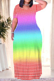 Casual Plaid Flowers Ombre Print Pocket Contrast O Neck Printed Plus Size Dresses