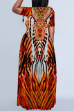 Casual National Totem Floral Print Pocket Contrast O Neck Printed Plus Size Dresses