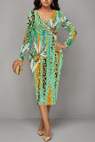 Casual Floral Print Ruched Contrast V Neck Printed Dresses