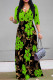 Elegant Floral Print Pocket With Belt Contrast V Neck Printed Dresses