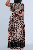 Casual Leopard Print Tiger Stripes Pocket Contrast O Neck Printed Plus Size Dresses