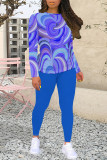 Casual Geometric Print Contrast O Neck Long Sleeve Two Pieces