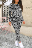 Casual Plaid Flowers Tiger Stripes Contrast O Neck Long Sleeve Two Pieces