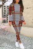 Casual Plaid Flowers Tiger Stripes Contrast O Neck Long Sleeve Two Pieces