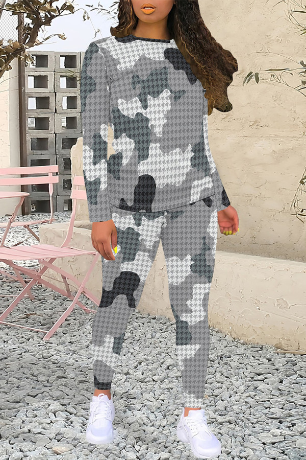 Casual Plaid Camouflage Print Contrast O Neck Long Sleeve Two Pieces