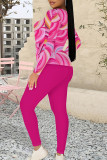 Casual Geometric Print Contrast O Neck Long Sleeve Two Pieces