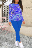 Casual Geometric Print Contrast O Neck Long Sleeve Two Pieces