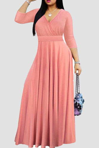Casual Solid Color Patchwork V Neck Long Dresses
