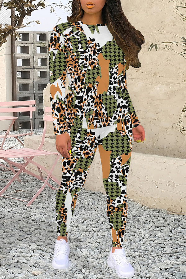 Casual Plaid Flowers Tiger Stripes Contrast O Neck Long Sleeve Two Pieces