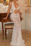 Sexy Solid Color Lace Hollow Out Backless Halter Long Dresses