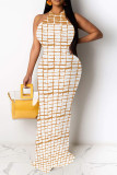 Casual Plaid Striped Print Gradient Contrast O Neck Long Dresses