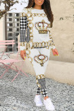 Casual Plaid Flowers Tiger Stripes Contrast O Neck Long Sleeve Two Pieces