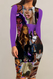 Casual Cartoon Print Contrast O Neck Printed Dresses