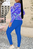 Casual Geometric Print Contrast O Neck Long Sleeve Two Pieces