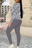 Casual Geometric Print Contrast O Neck Long Sleeve Two Pieces