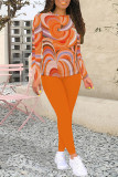 Casual Geometric Print Contrast O Neck Long Sleeve Two Pieces