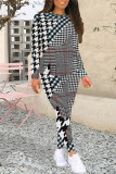 Casual Plaid Camouflage Print Contrast O Neck Long Sleeve Two Pieces