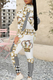 Casual Plaid Flowers Tiger Stripes Contrast O Neck Long Sleeve Two Pieces