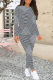 Casual Plaid Camouflage Print Contrast O Neck Long Sleeve Two Pieces