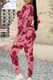 Casual Plaid Camouflage Print Contrast O Neck Long Sleeve Two Pieces