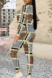 Casual Plaid Flowers Tiger Stripes Contrast O Neck Long Sleeve Two Pieces