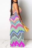 Casual Plaid Striped Print Gradient Contrast O Neck Long Dresses