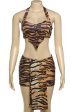 Sexy Tiger Stripes Patchwork Backless Halter Sleeveless Two Pieces