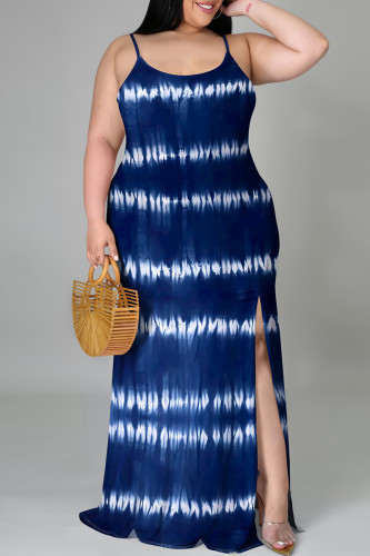 Casual Tie Dye Patchwork Slit Spaghetti Strap Sling Plus Size Dresses