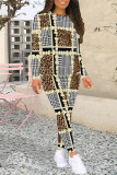 Casual Plaid Flowers Tiger Stripes Contrast O Neck Long Sleeve Two Pieces