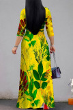 Elegant Floral Print Pocket With Belt Contrast V Neck Printed Dresses