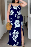 Sexy Flowers Print Slit Contrast U Neck Printed Plus Size Dresses