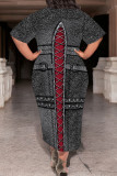 Casual Faux Denim Print Pocket Contrast O Neck Printed Plus Size Dresses