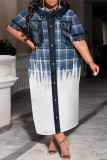 Casual Faux Denim Print Pocket Contrast O Neck Printed Plus Size Dresses