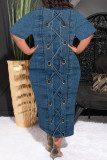 Casual Faux Denim Print Pocket Contrast O Neck Printed Plus Size Dresses