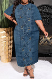 Casual Faux Denim Print Pocket Contrast O Neck Printed Plus Size Dresses
