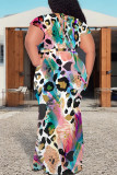 Sexy Snakeskin Print Leopard With Belt Contrast V Neck Printed Plus Size Dresses